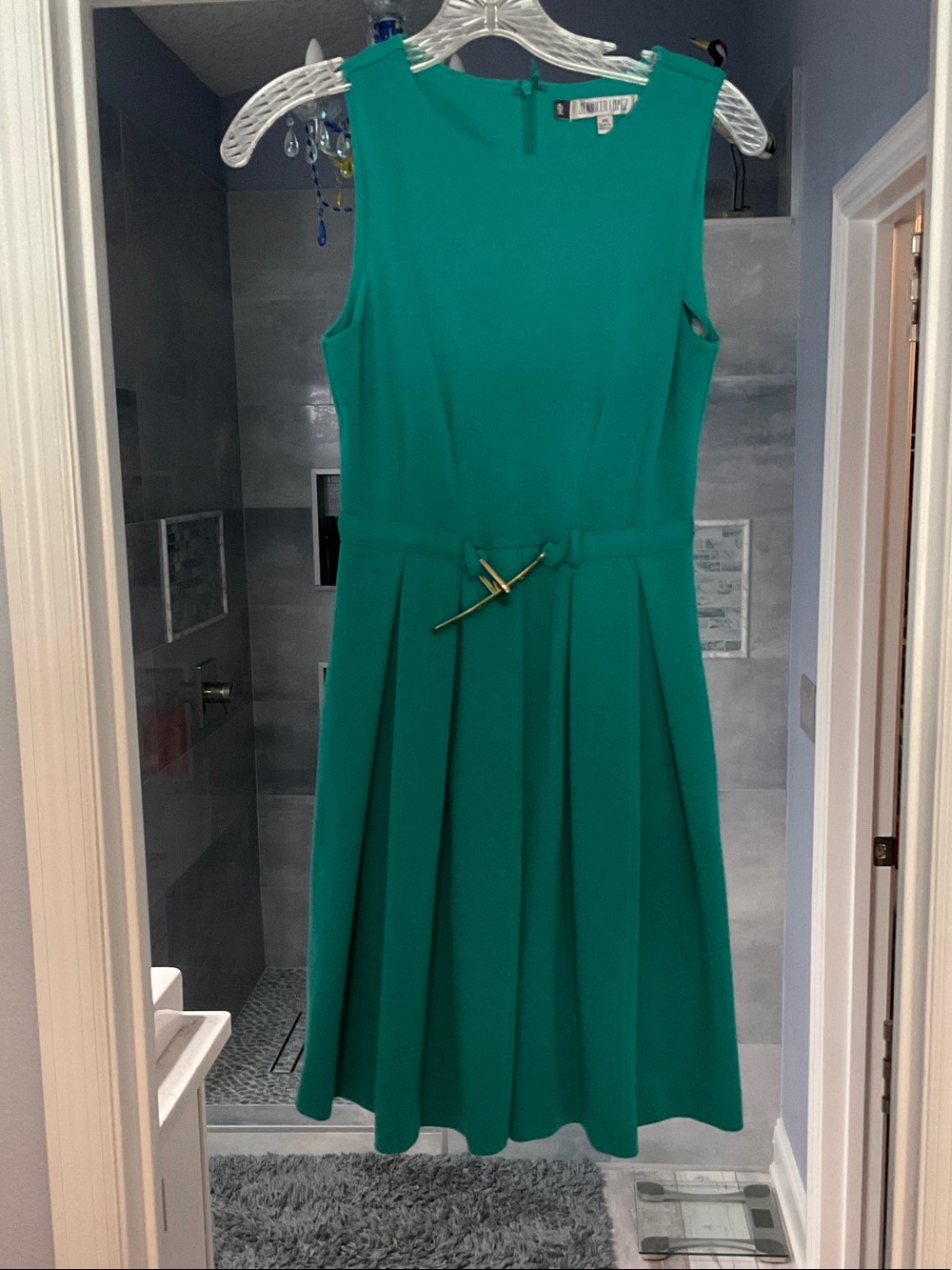 Jennifer Lopez Teal Green Sleeveless Pleated Belt Dress